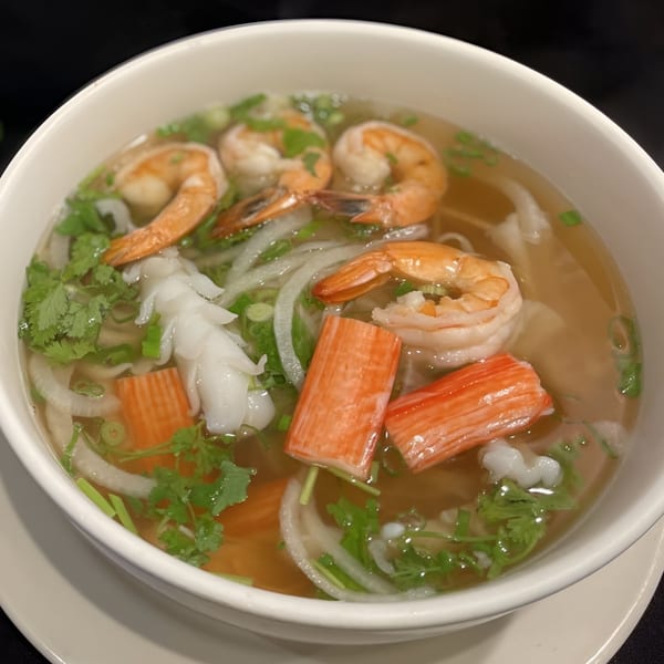 A bowl of Pho Bulous pho with shrimp, squid, crab sticks, onions, and cilantro.