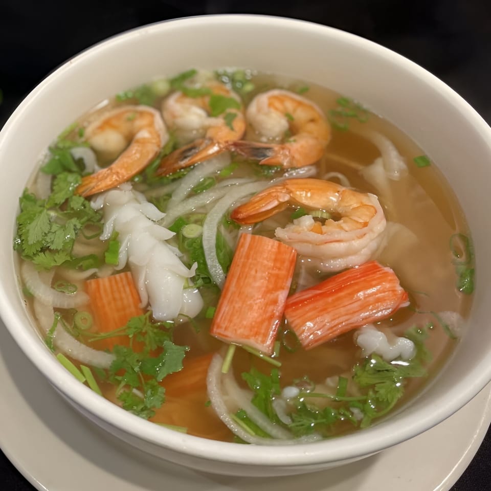 A bowl of Pho Bulous pho with shrimp, squid, crab sticks, onions, and cilantro.